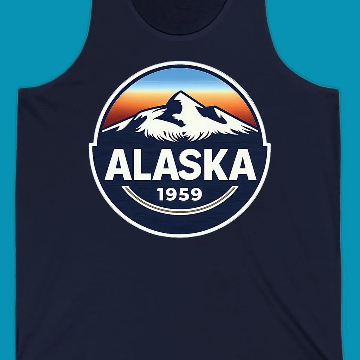 Alaska 1959 mountain eagle badge design featuring white mountains and an eagle against a blue and orange sky, with 'ALASKA' and '1959' text.