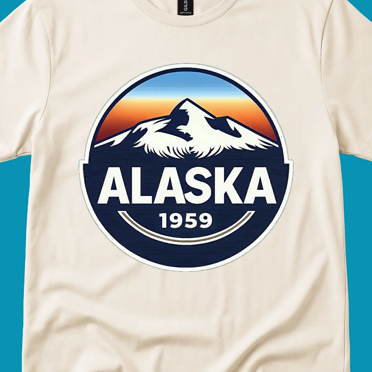 Alaska 1959 mountain eagle badge design featuring white mountains and an eagle against a blue and orange sky, with 'ALASKA' and '1959' text.