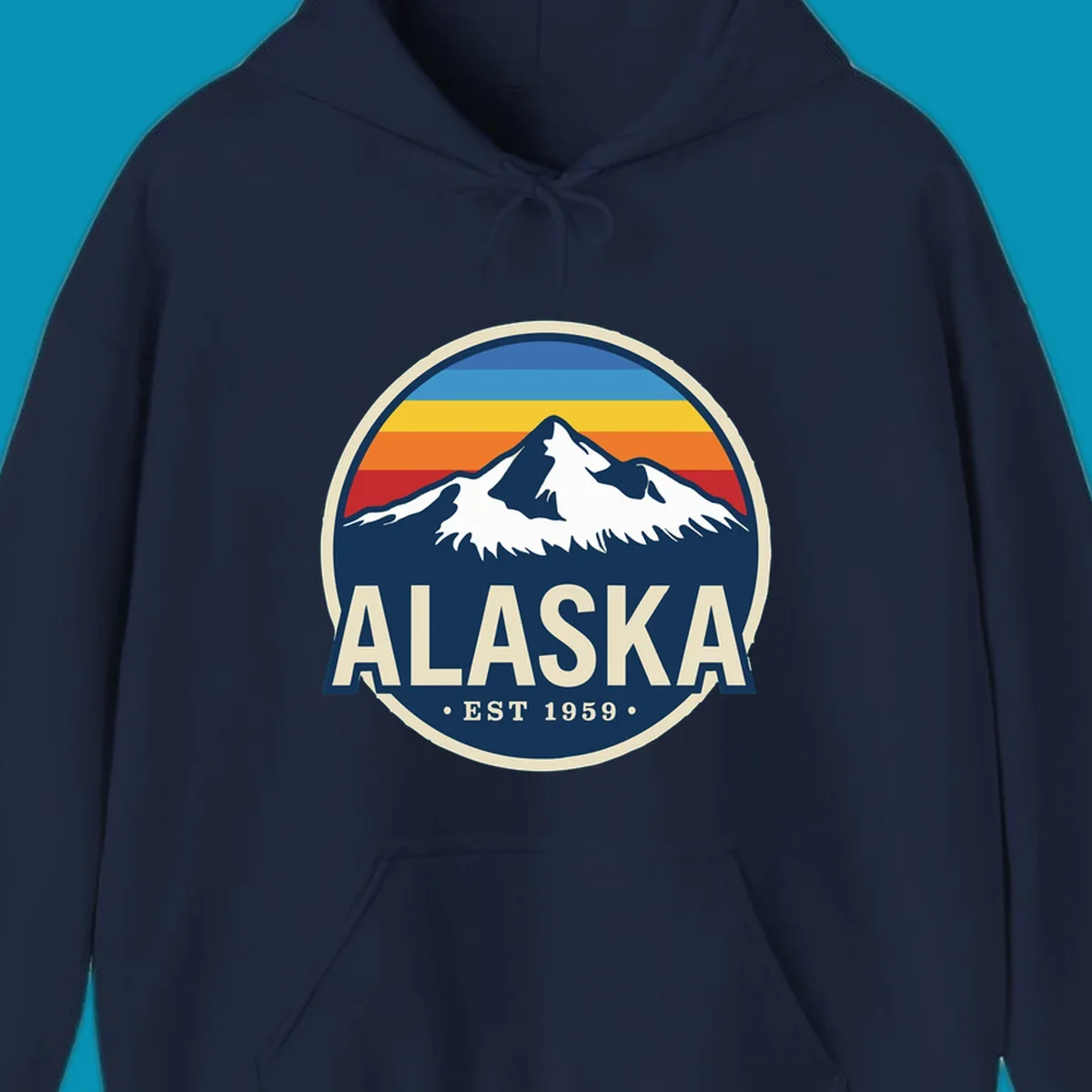 A circular alaska-mountain-range-sunset-badge design with retro stripes and white peaks above bold Alaska text.