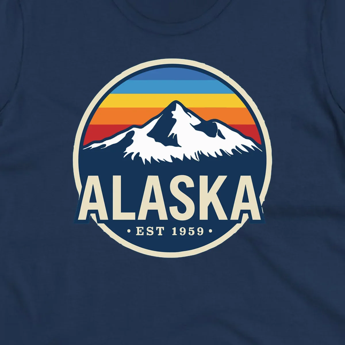 A circular alaska-mountain-range-sunset-badge design with retro stripes and white peaks above bold Alaska text.
