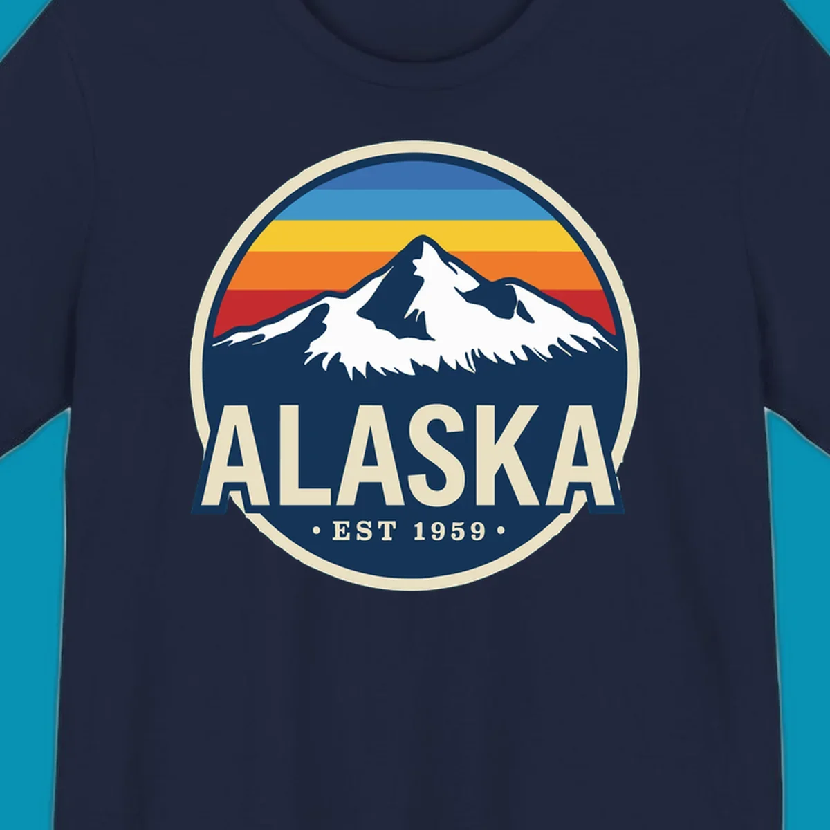 A circular alaska-mountain-range-sunset-badge design with retro stripes and white peaks above bold Alaska text.