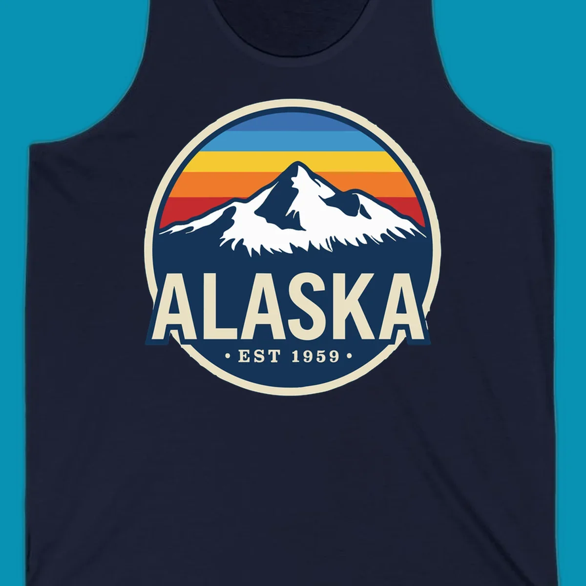 A circular alaska-mountain-range-sunset-badge design with retro stripes and white peaks above bold Alaska text.