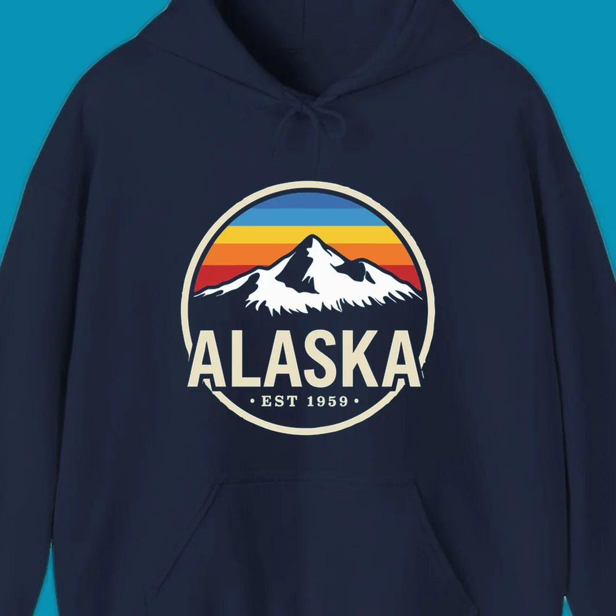 Vintage circular Alaska badge with snow-capped mountains, retro striped sky, and 'ALASKA EST 1959'. alaska-vintage-mountain-1959.