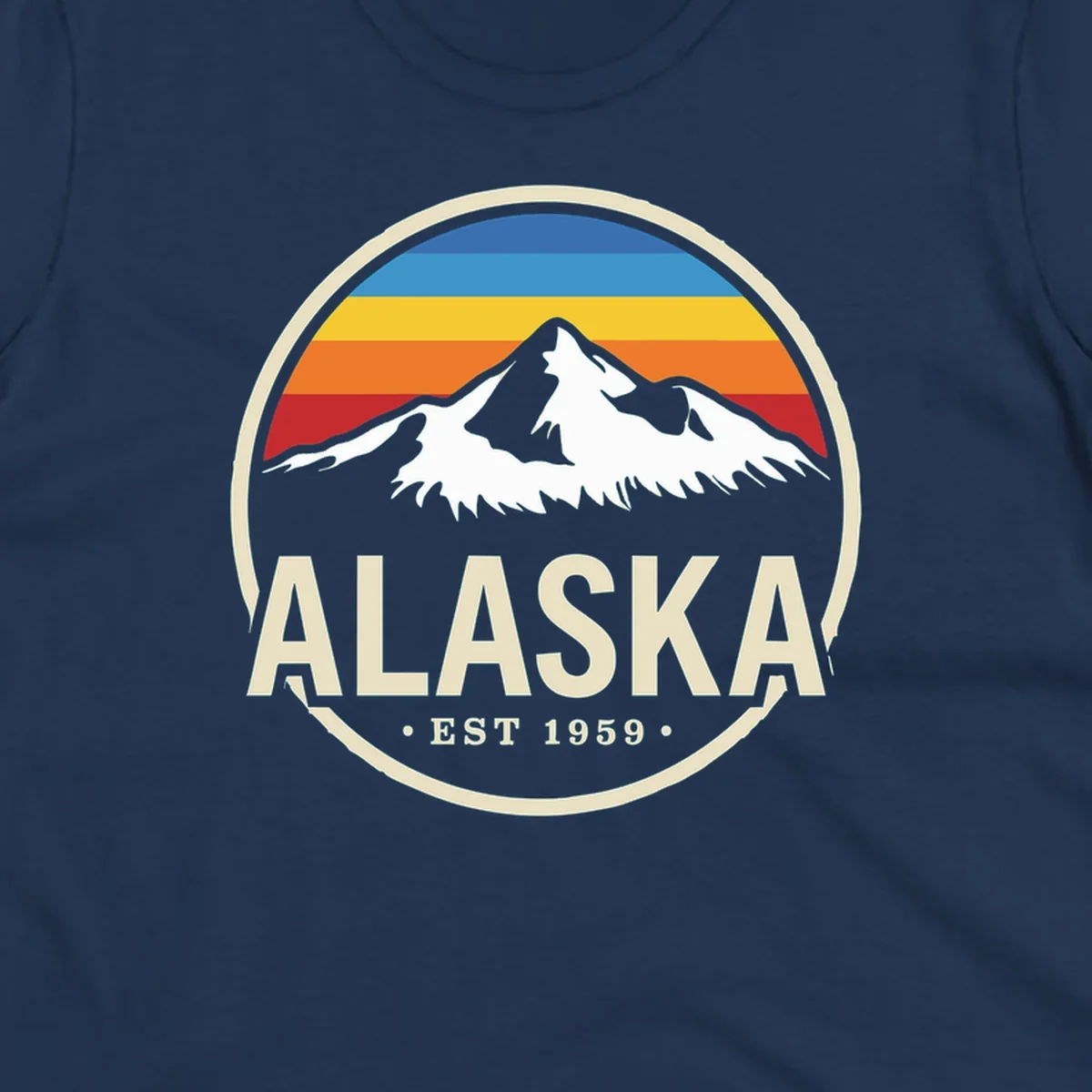 Vintage circular Alaska badge with snow-capped mountains, retro striped sky, and 'ALASKA EST 1959'. alaska-vintage-mountain-1959.