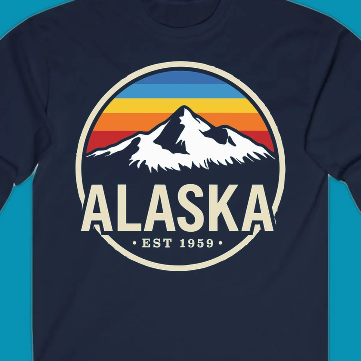 Vintage circular Alaska badge with snow-capped mountains, retro striped sky, and 'ALASKA EST 1959'. alaska-vintage-mountain-1959.