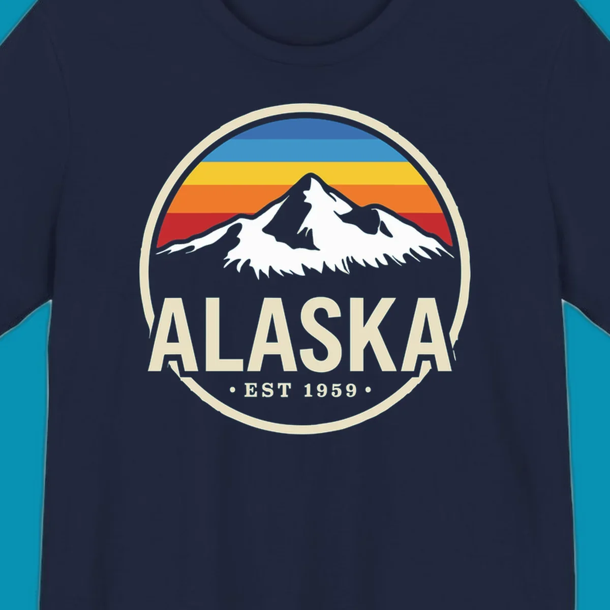 Vintage circular Alaska badge with snow-capped mountains, retro striped sky, and 'ALASKA EST 1959'. alaska-vintage-mountain-1959.