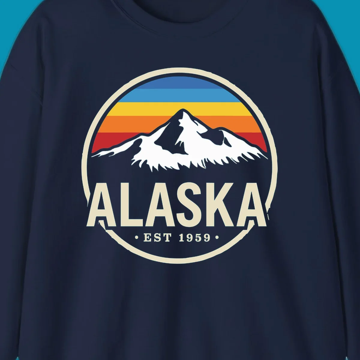 Vintage circular Alaska badge with snow-capped mountains, retro striped sky, and 'ALASKA EST 1959'. alaska-vintage-mountain-1959.