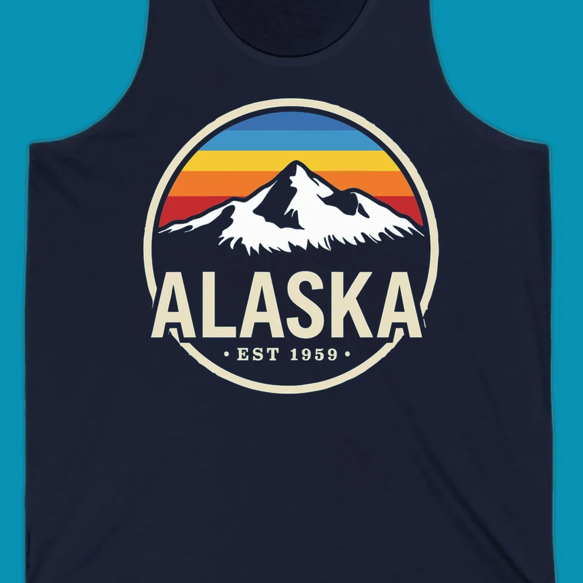 Vintage circular Alaska badge with snow-capped mountains, retro striped sky, and 'ALASKA EST 1959'. alaska-vintage-mountain-1959.