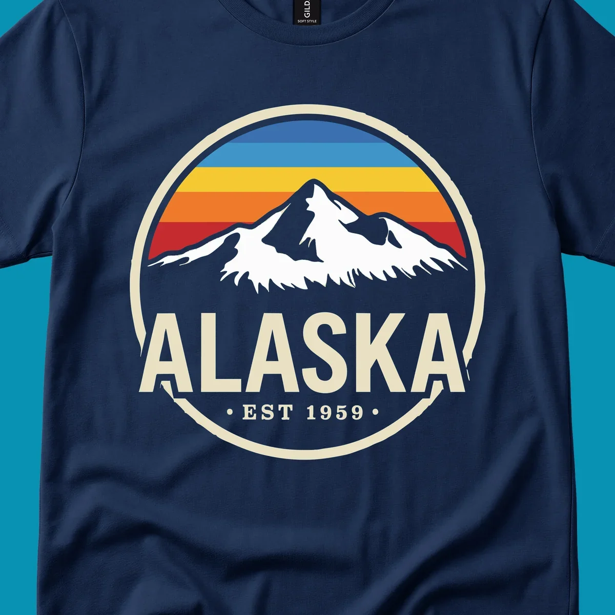Vintage circular Alaska badge with snow-capped mountains, retro striped sky, and 'ALASKA EST 1959'. alaska-vintage-mountain-1959.