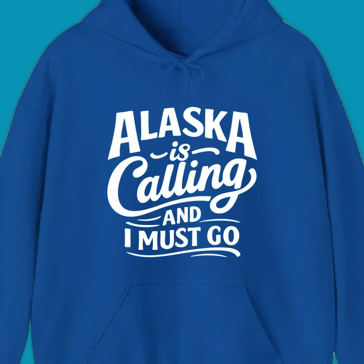 A white typography design on a black background reading Alaska is Calling and I Must Go in mixed fonts.