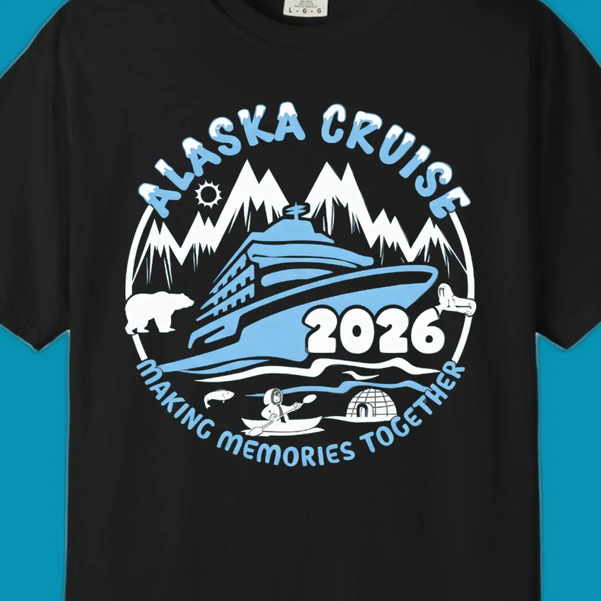 A blue and white circular design featuring a cruise ship and alaska scenic icons together for 2026.