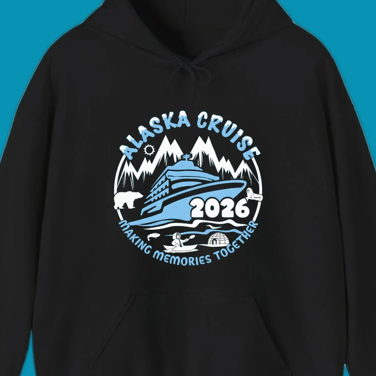 A blue and white circular design featuring a cruise ship and alaska scenic icons together for 2026.