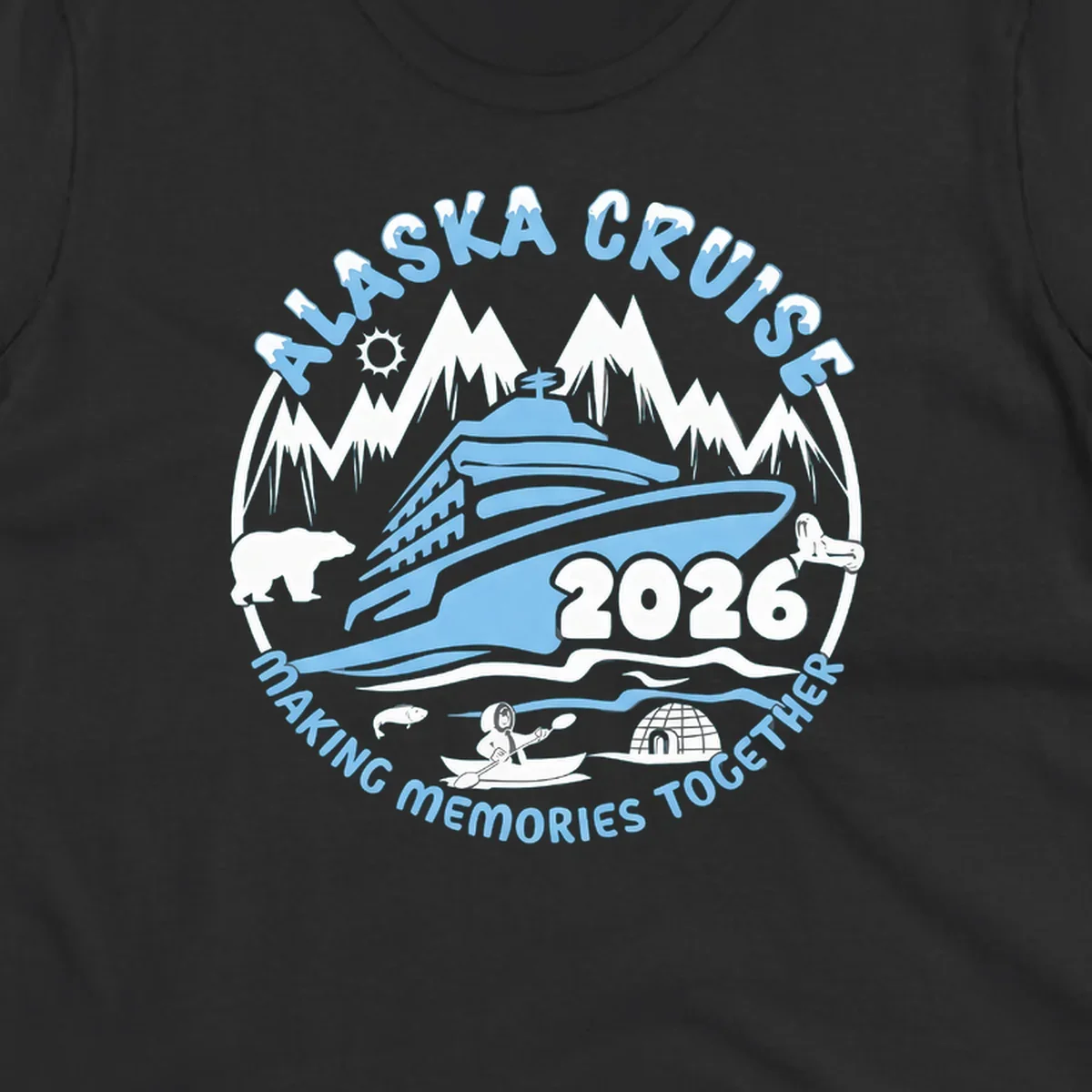A blue and white circular design featuring a cruise ship and alaska scenic icons together for 2026.