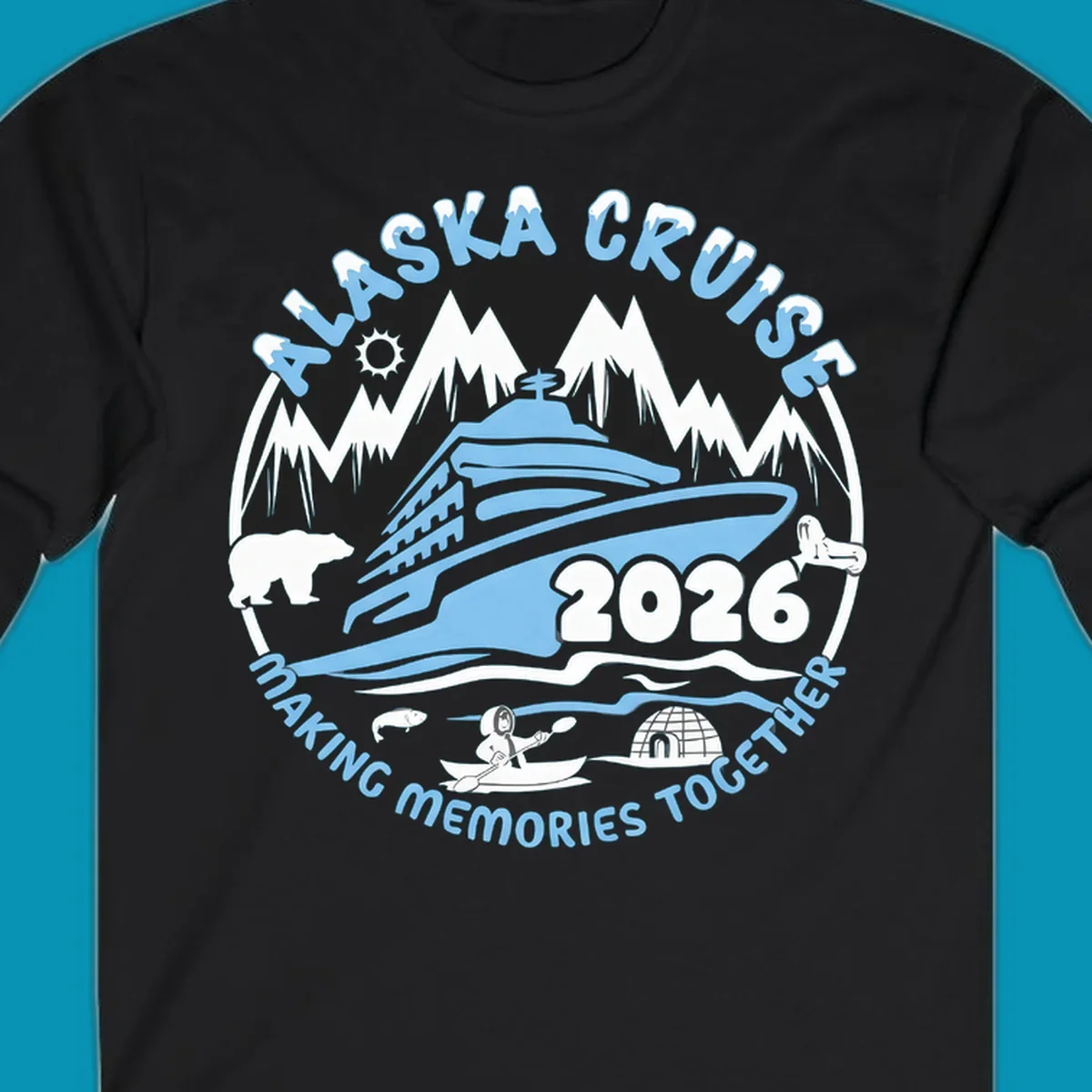 A blue and white circular design featuring a cruise ship and alaska scenic icons together for 2026.