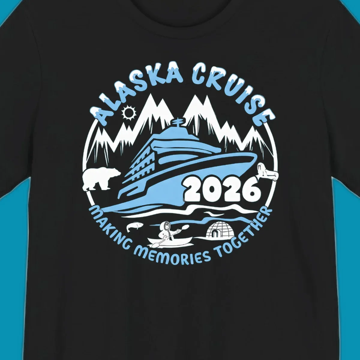 A blue and white circular design featuring a cruise ship and alaska scenic icons together for 2026.