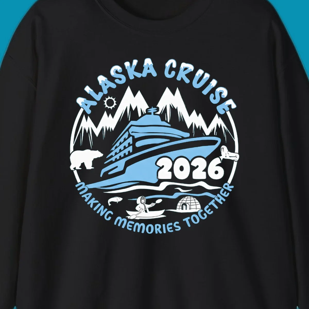 A blue and white circular design featuring a cruise ship and alaska scenic icons together for 2026.