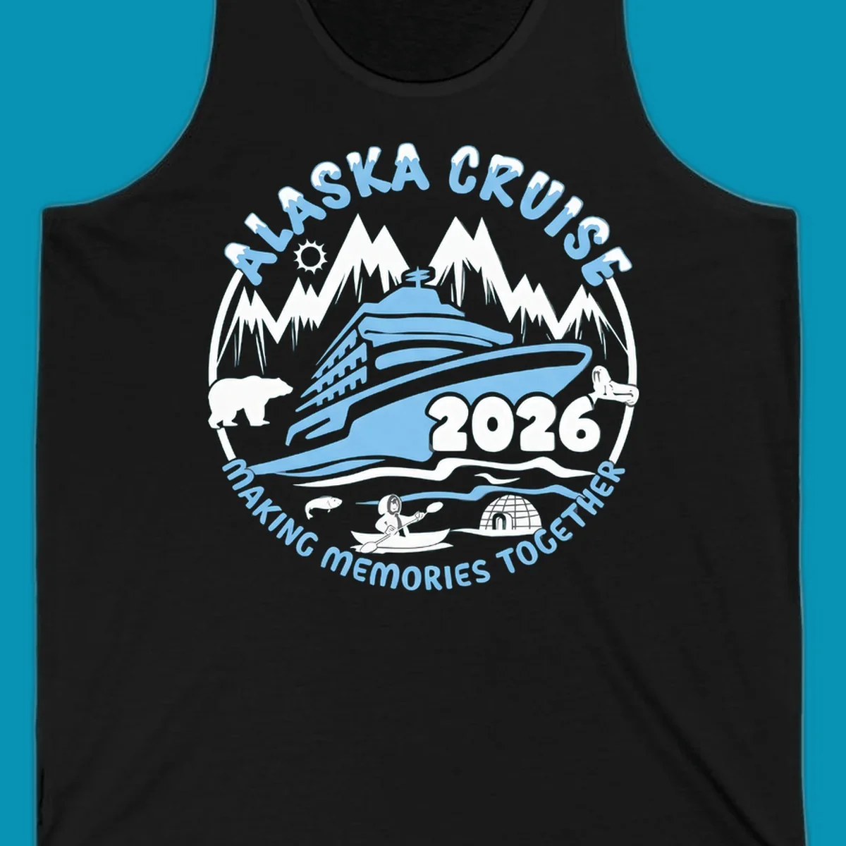 A blue and white circular design featuring a cruise ship and alaska scenic icons together for 2026.