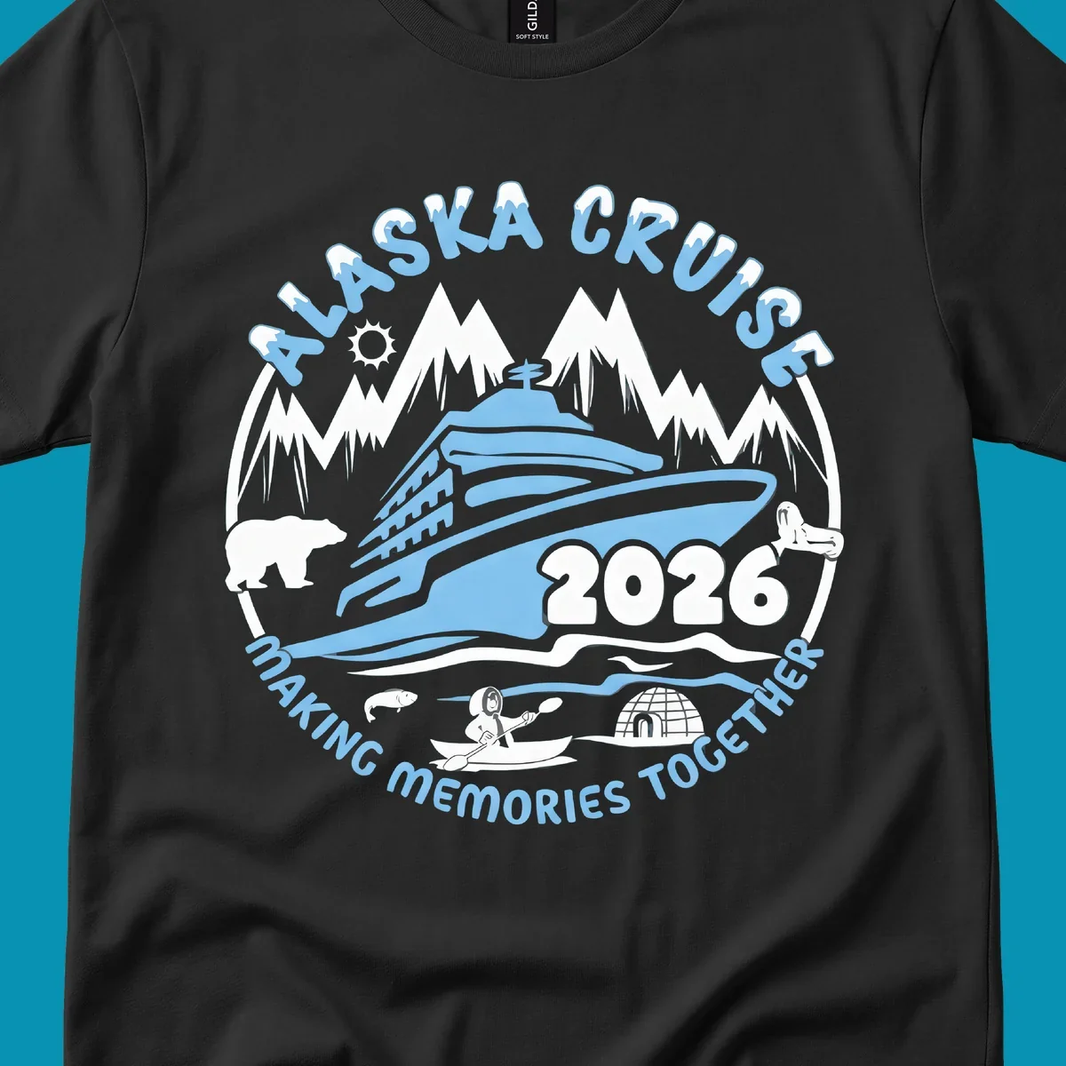A blue and white circular design featuring a cruise ship and alaska scenic icons together for 2026.