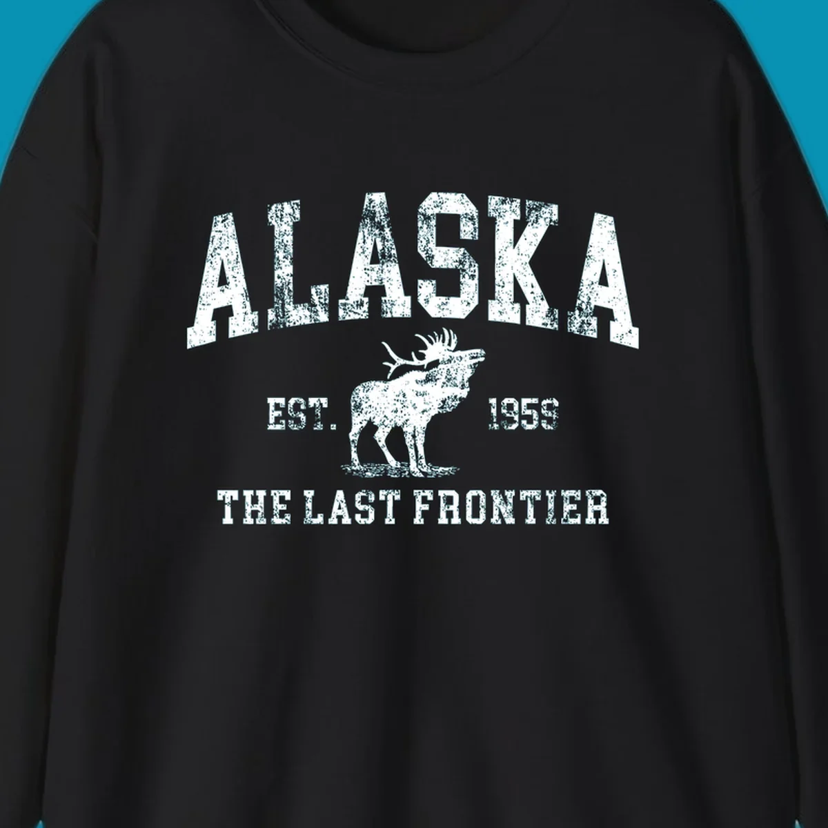 Distressed white design featuring a moose and the text ALASKA THE LAST FRONTIER.