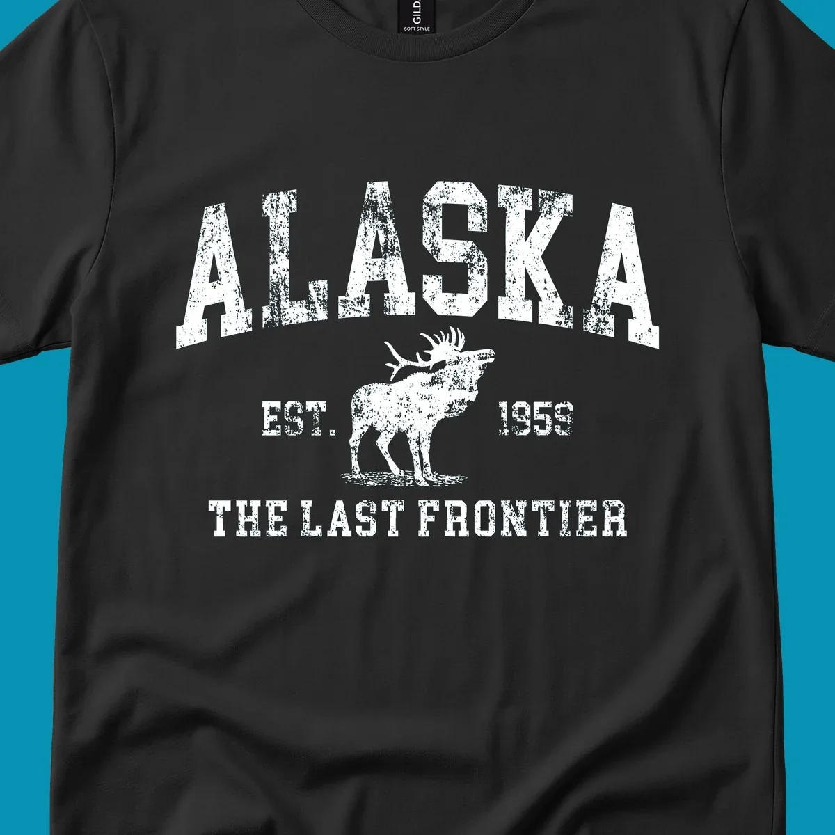 Distressed white design featuring a moose and the text ALASKA THE LAST FRONTIER.