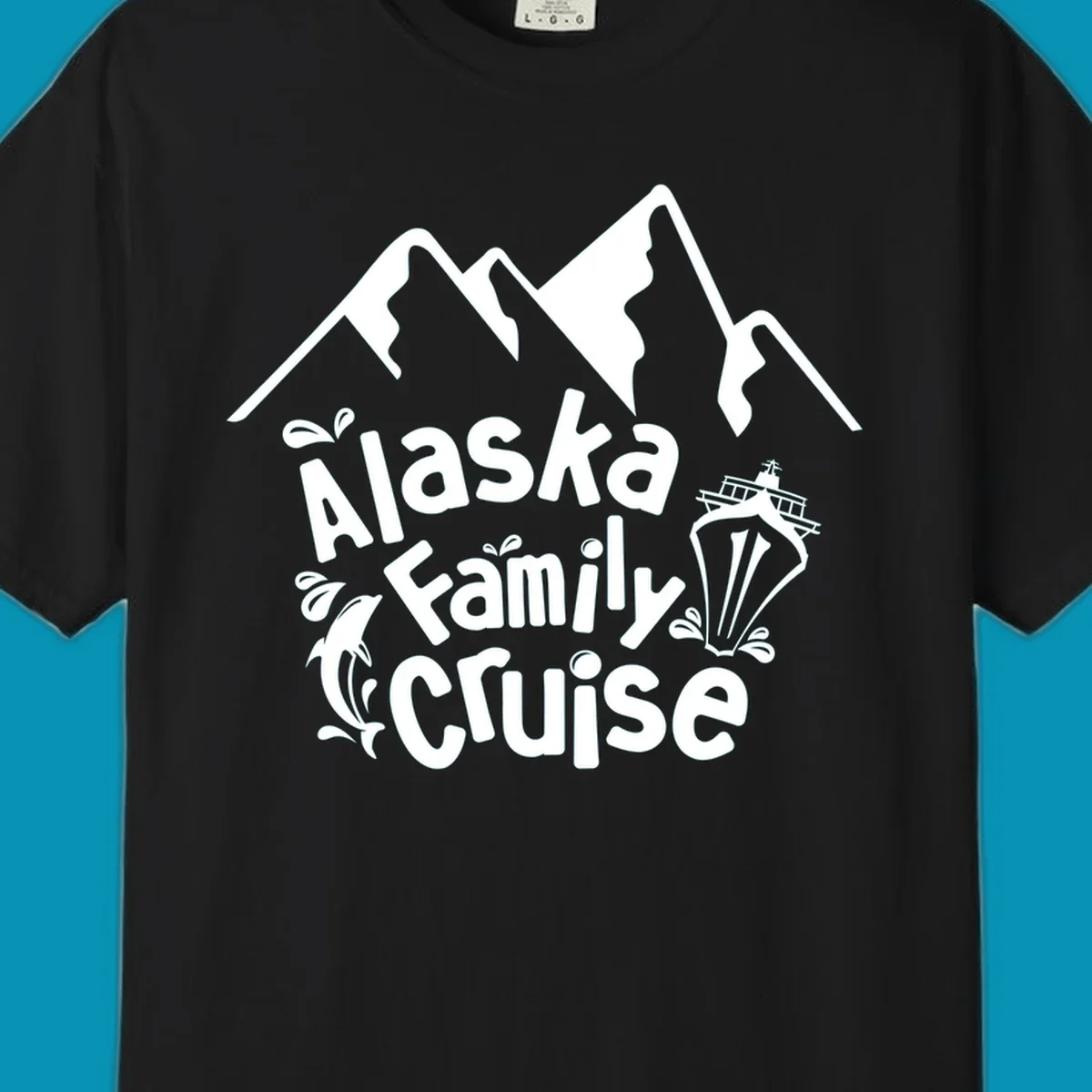 White alaska-family-cruise-mountains design with a cruise ship and a dolphin jumping from the water.