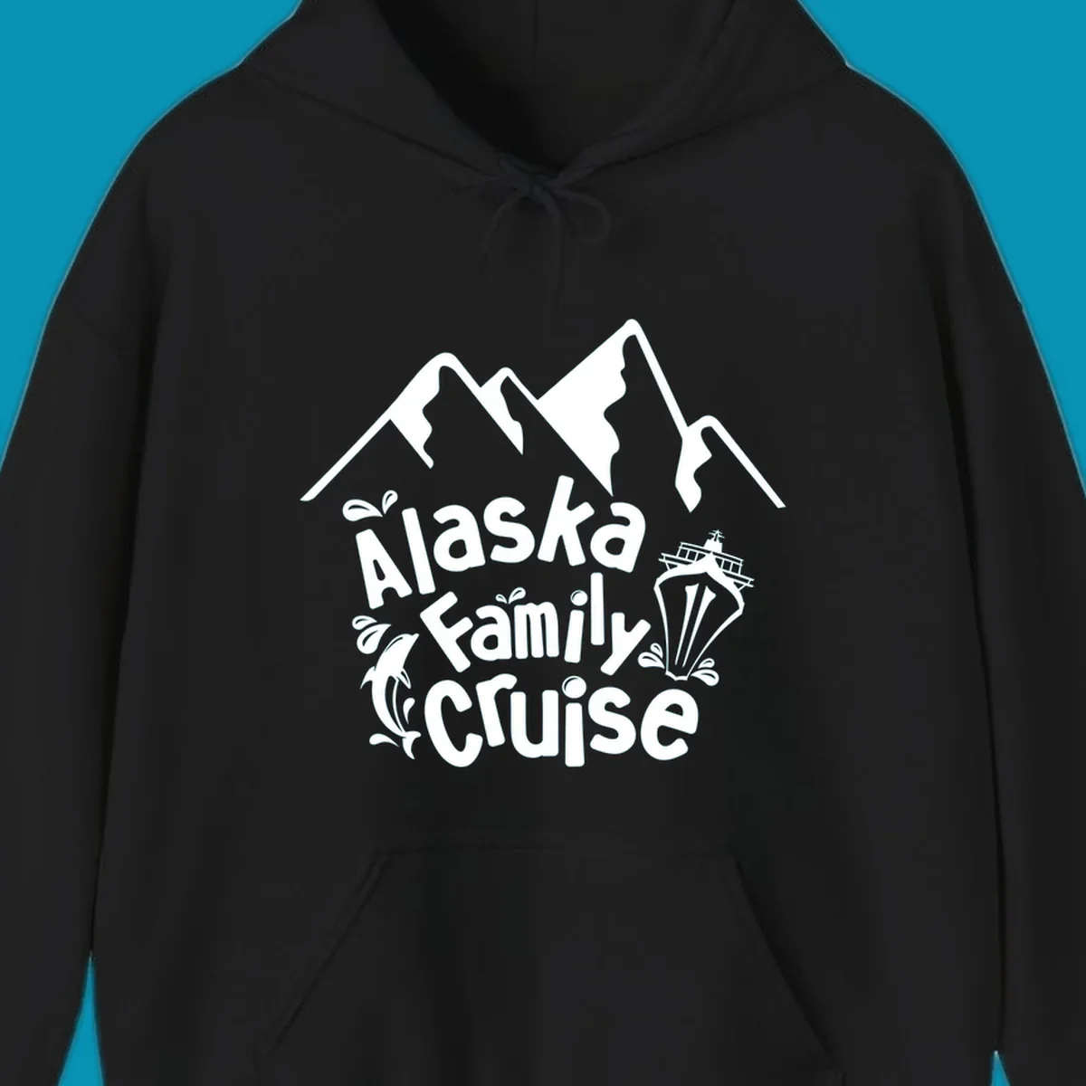 White alaska-family-cruise-mountains design with a cruise ship and a dolphin jumping from the water.