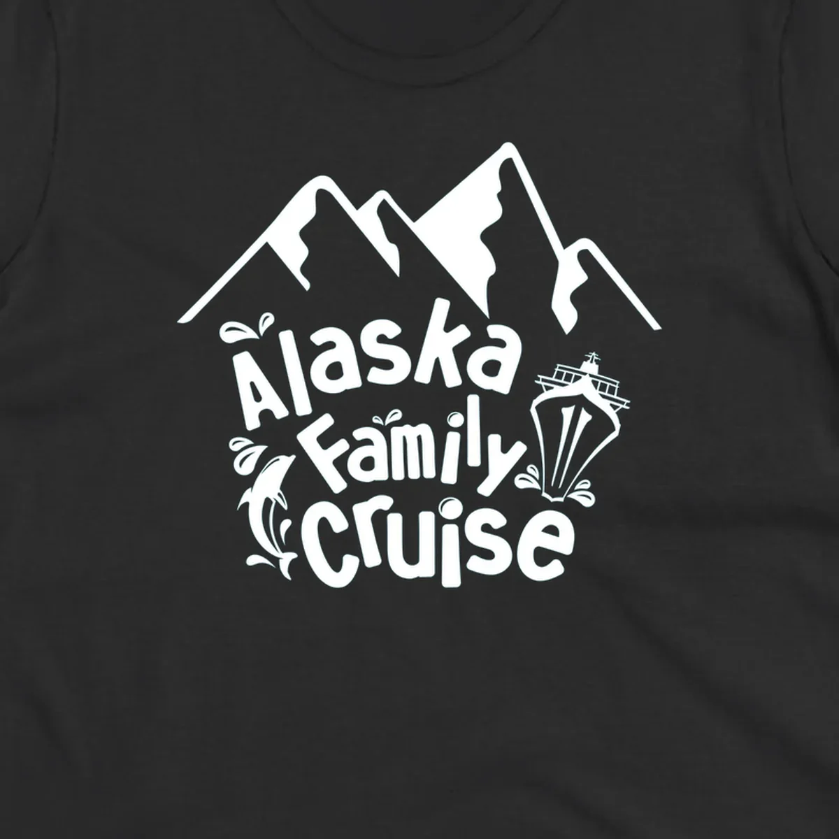 White alaska-family-cruise-mountains design with a cruise ship and a dolphin jumping from the water.