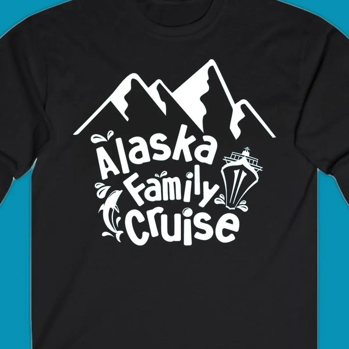 White alaska-family-cruise-mountains design with a cruise ship and a dolphin jumping from the water.