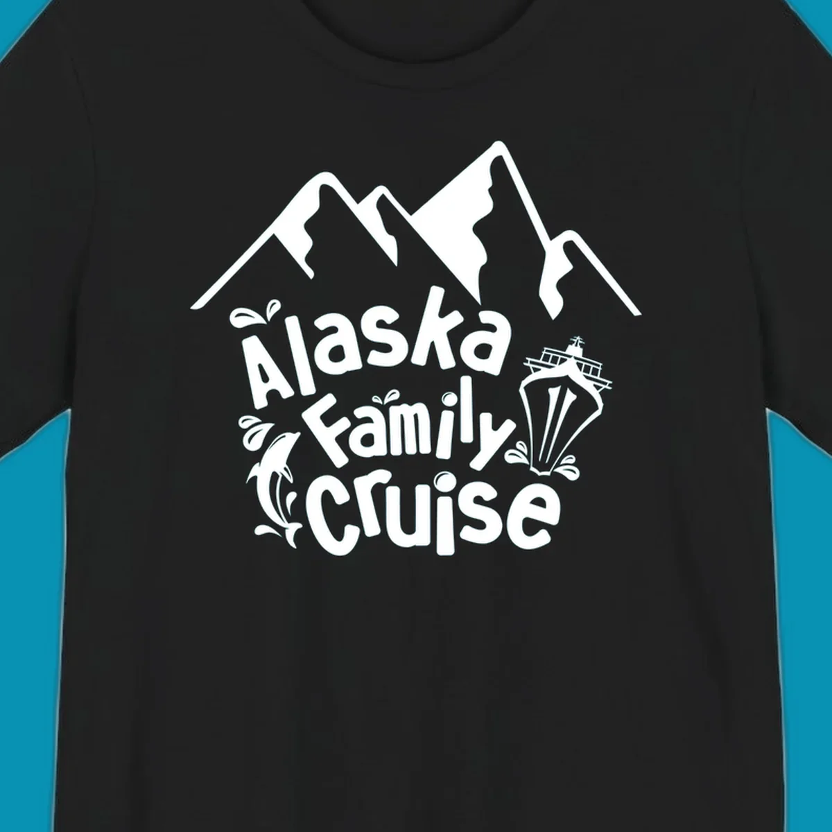 White alaska-family-cruise-mountains design with a cruise ship and a dolphin jumping from the water.