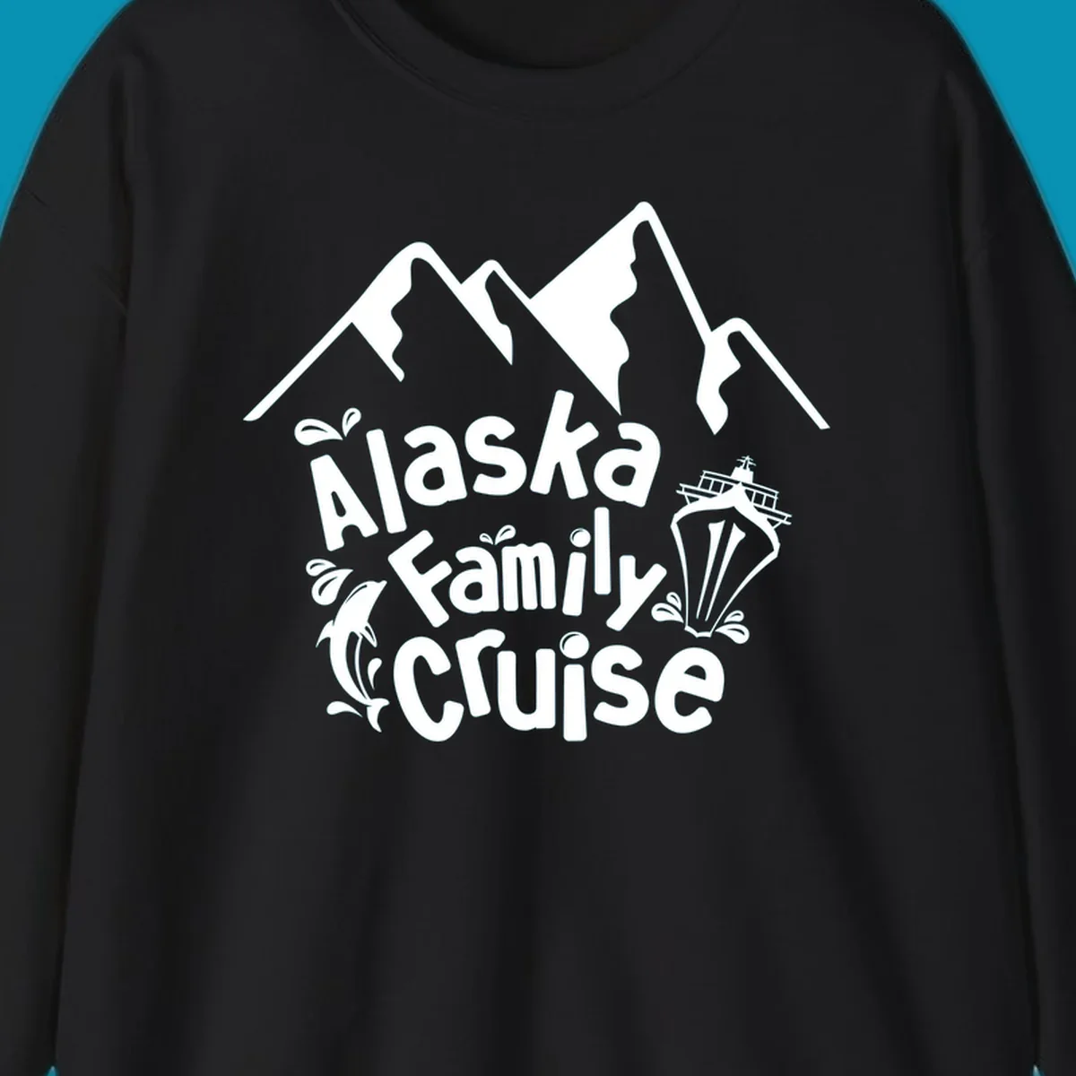 White alaska-family-cruise-mountains design with a cruise ship and a dolphin jumping from the water.