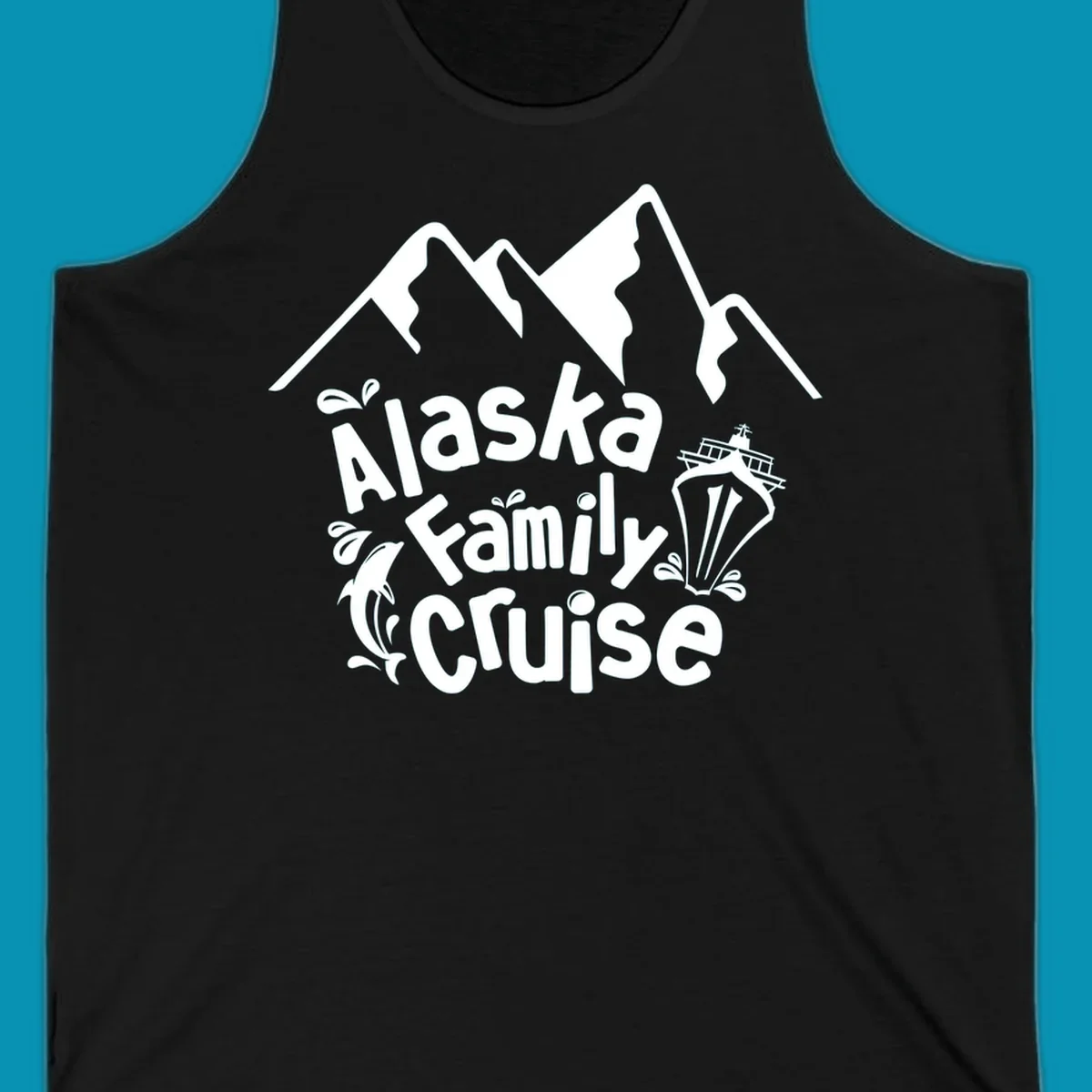 White alaska-family-cruise-mountains design with a cruise ship and a dolphin jumping from the water.