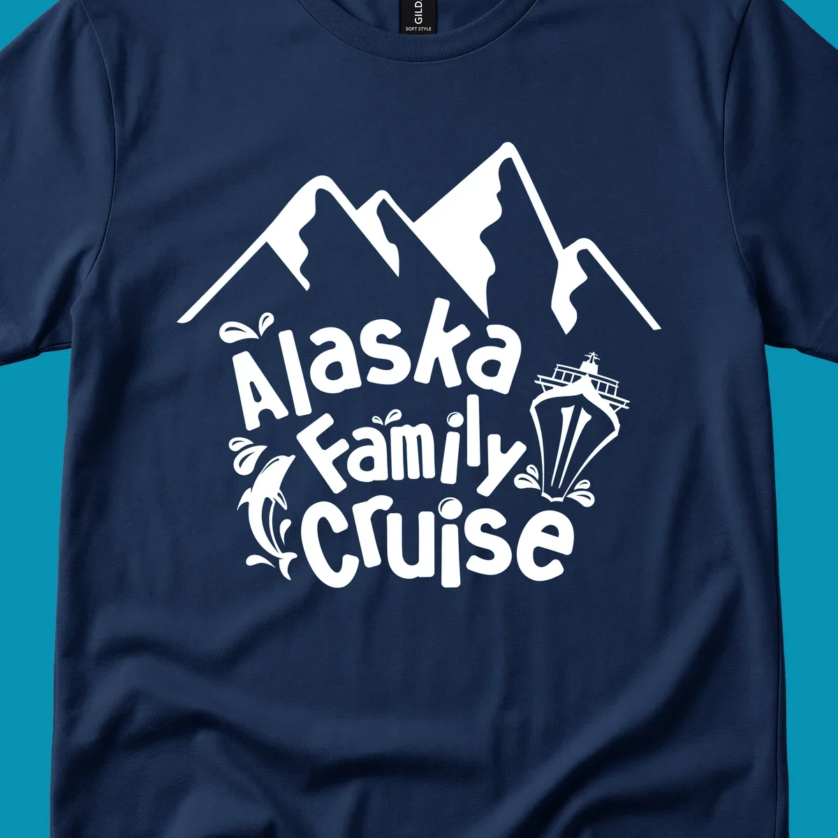 White alaska-family-cruise-mountains design with a cruise ship and a dolphin jumping from the water.