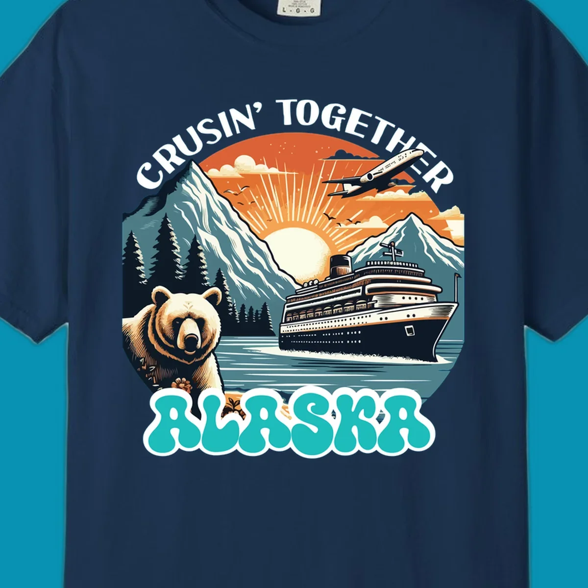 Scenic retro illustration of a bear and cruise ship with the text crusin-together-grizzly-ship.