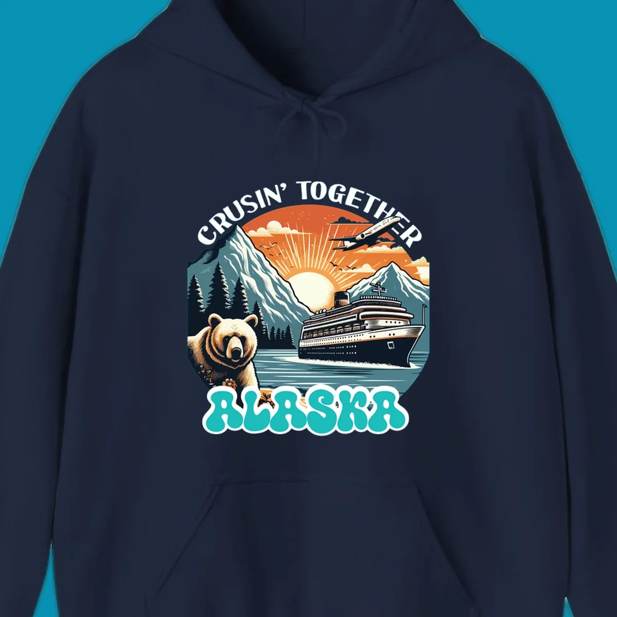 Scenic retro illustration of a bear and cruise ship with the text crusin-together-grizzly-ship.
