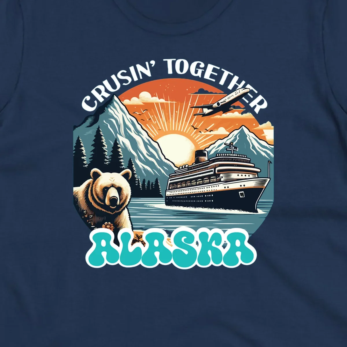 Scenic retro illustration of a bear and cruise ship with the text crusin-together-grizzly-ship.