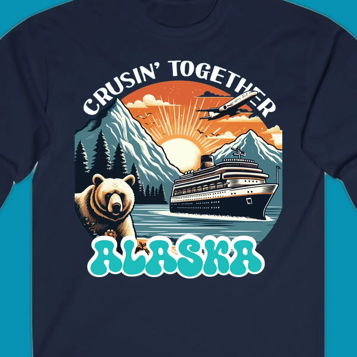 Scenic retro illustration of a bear and cruise ship with the text crusin-together-grizzly-ship.