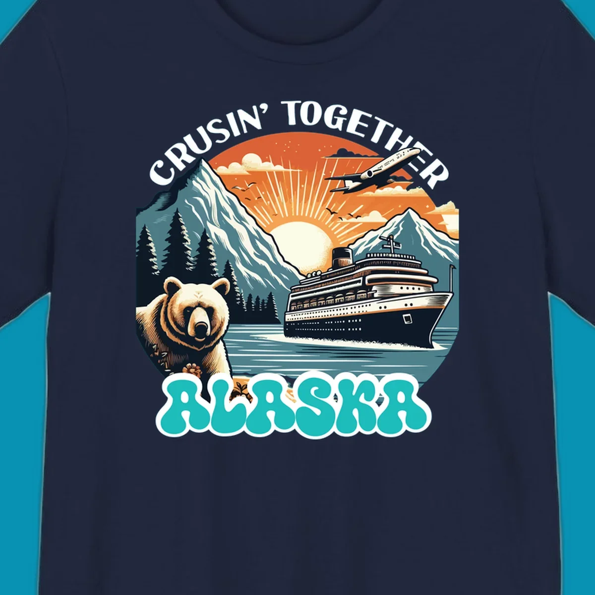 Scenic retro illustration of a bear and cruise ship with the text crusin-together-grizzly-ship.