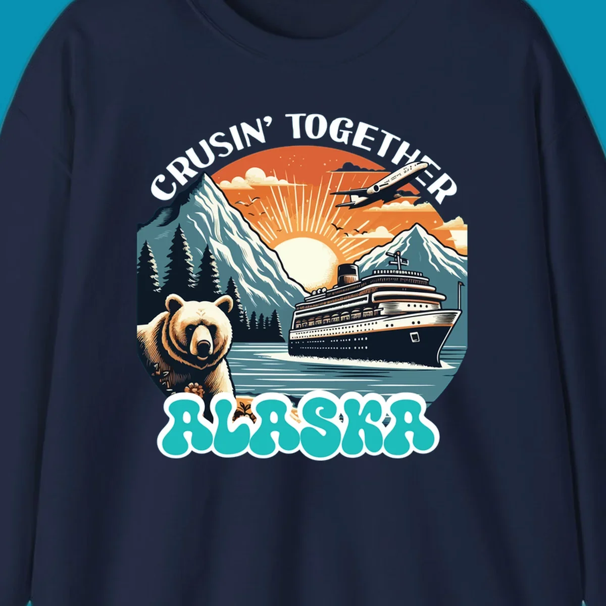 Scenic retro illustration of a bear and cruise ship with the text crusin-together-grizzly-ship.