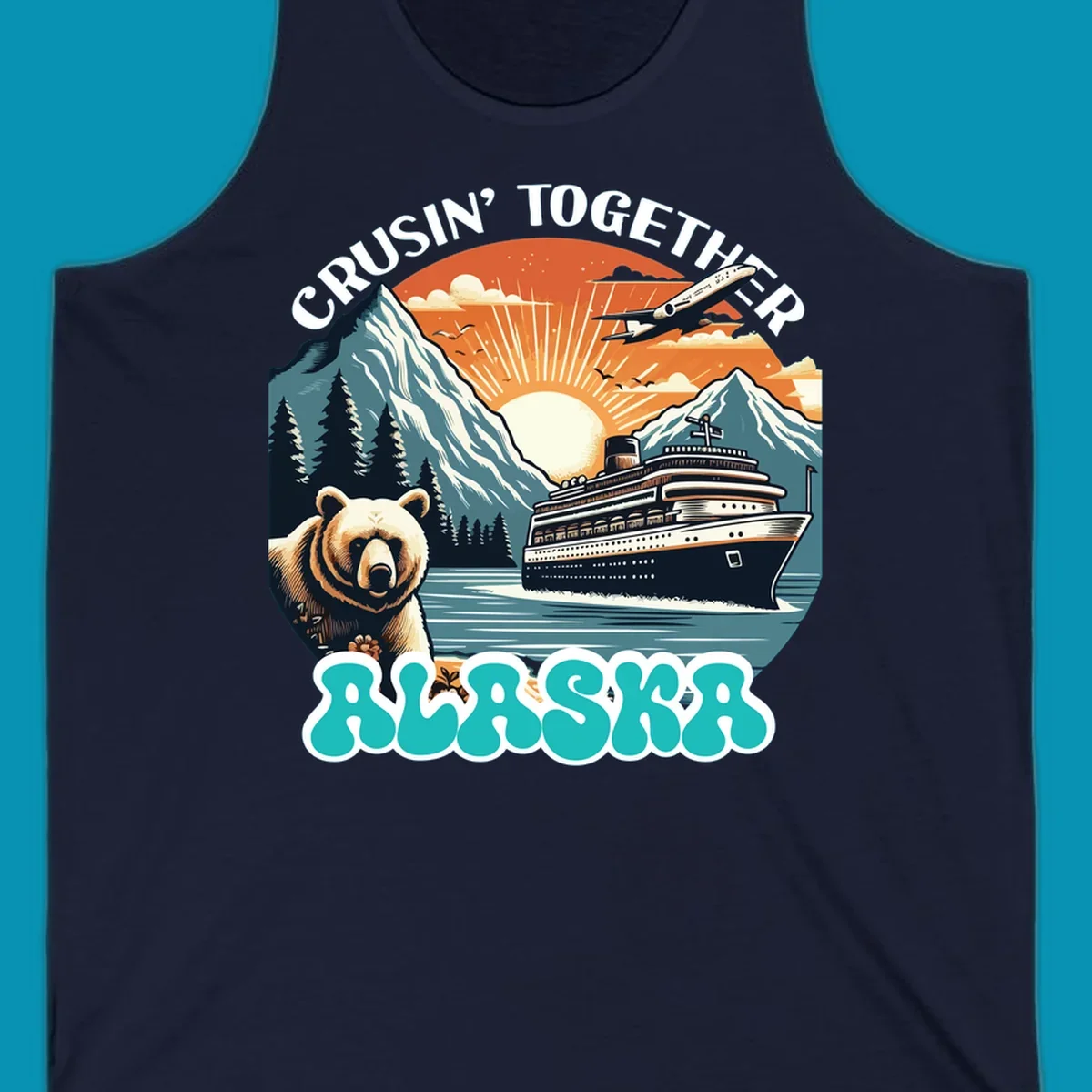Scenic retro illustration of a bear and cruise ship with the text crusin-together-grizzly-ship.