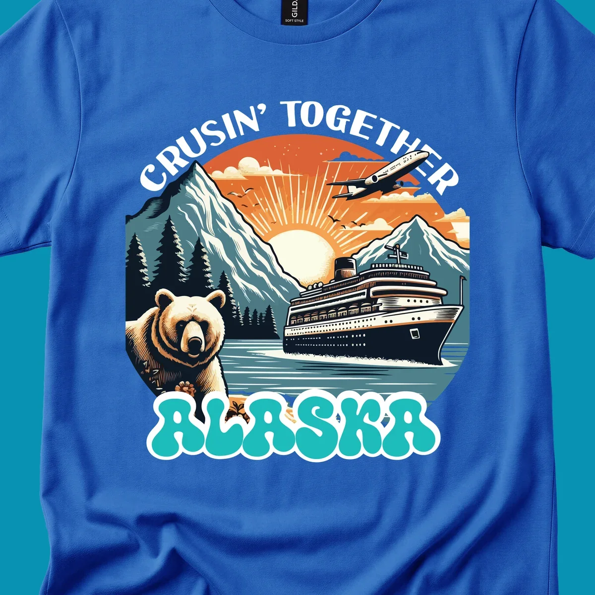 Scenic retro illustration of a bear and cruise ship with the text crusin-together-grizzly-ship.