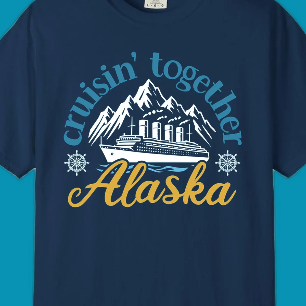 Typography design with cruisin-together-alaska-waves text and stylized blue ocean waves.