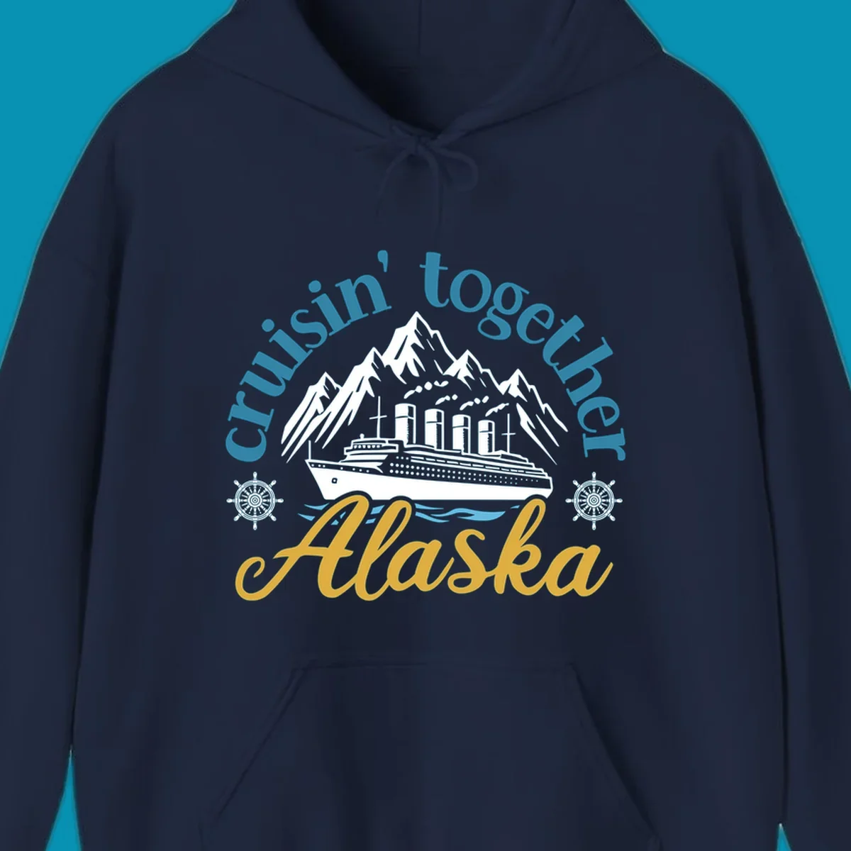 Typography design with cruisin-together-alaska-waves text and stylized blue ocean waves.