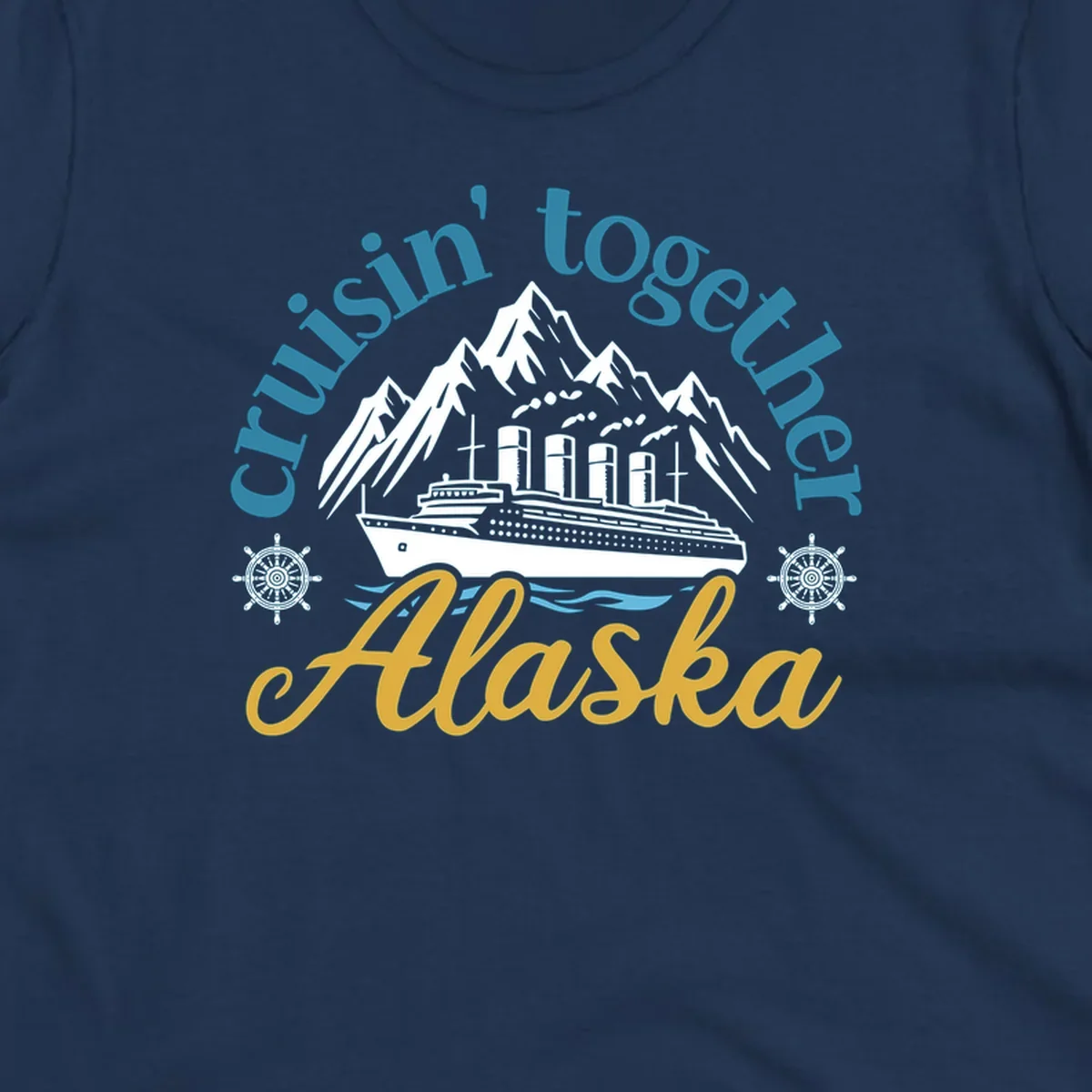 Typography design with cruisin-together-alaska-waves text and stylized blue ocean waves.