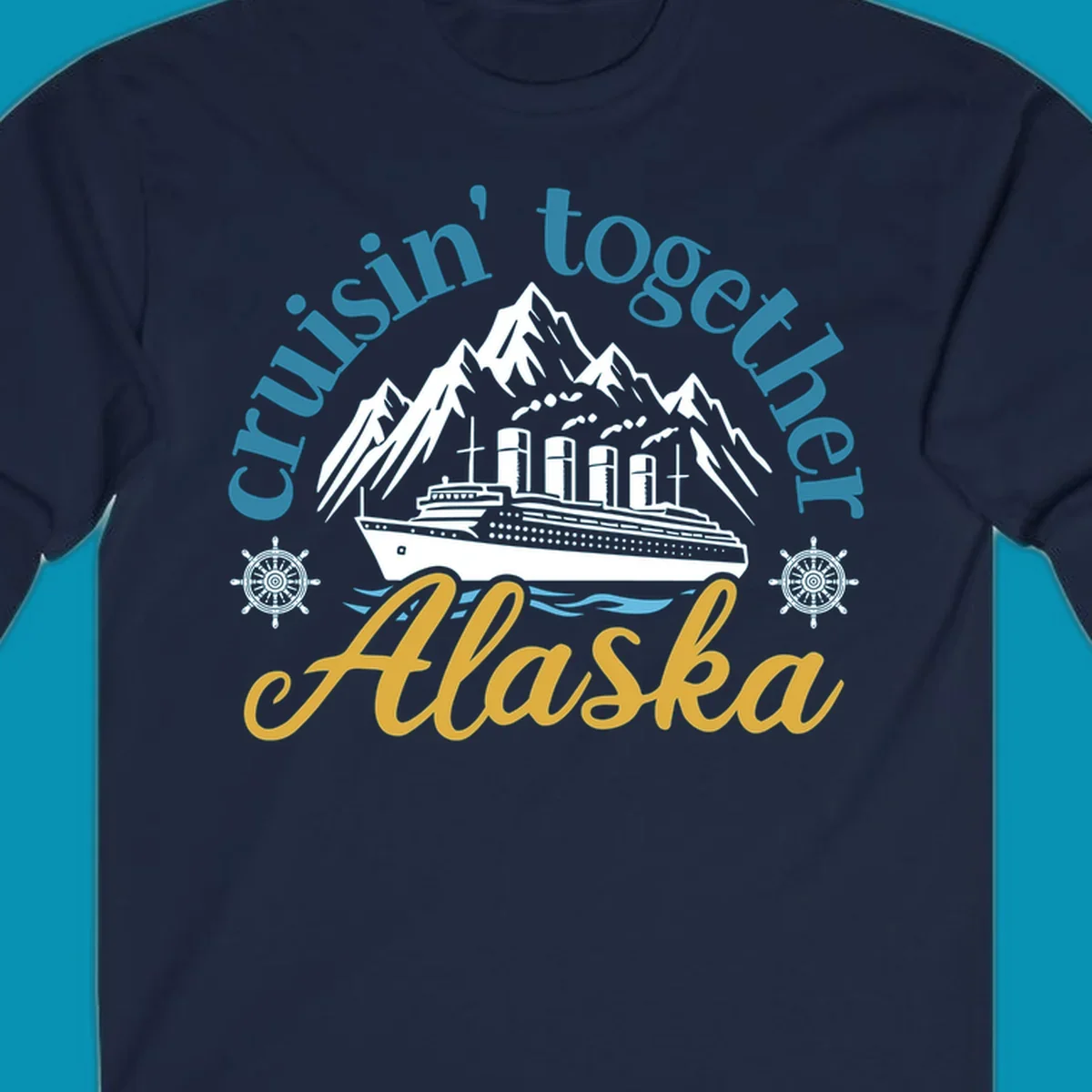 Typography design with cruisin-together-alaska-waves text and stylized blue ocean waves.