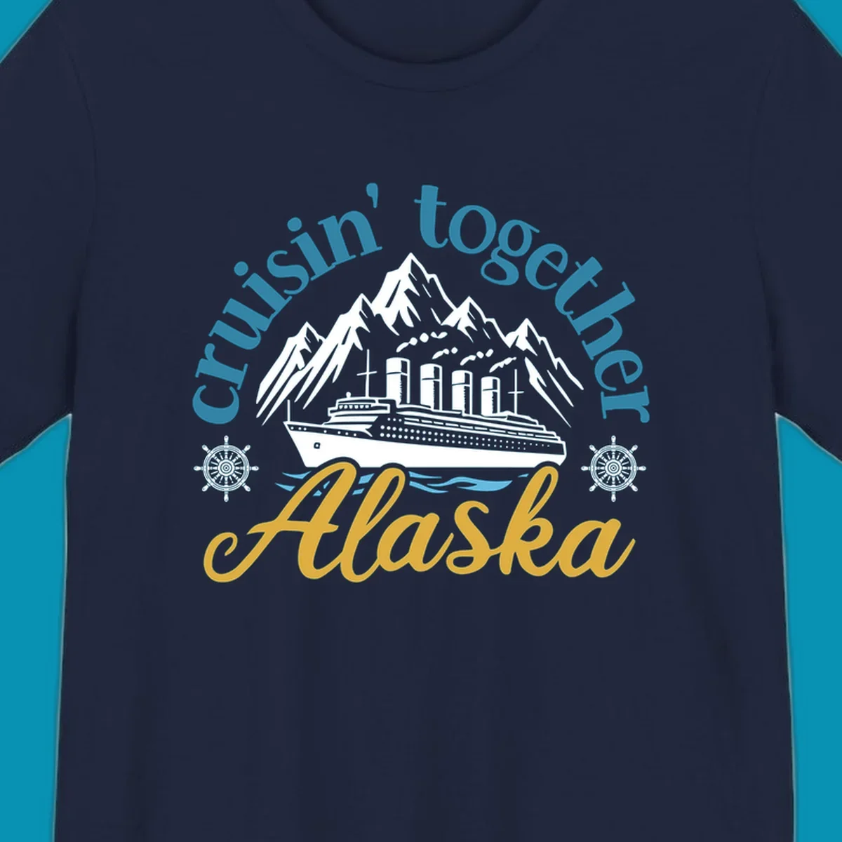 Typography design with cruisin-together-alaska-waves text and stylized blue ocean waves.
