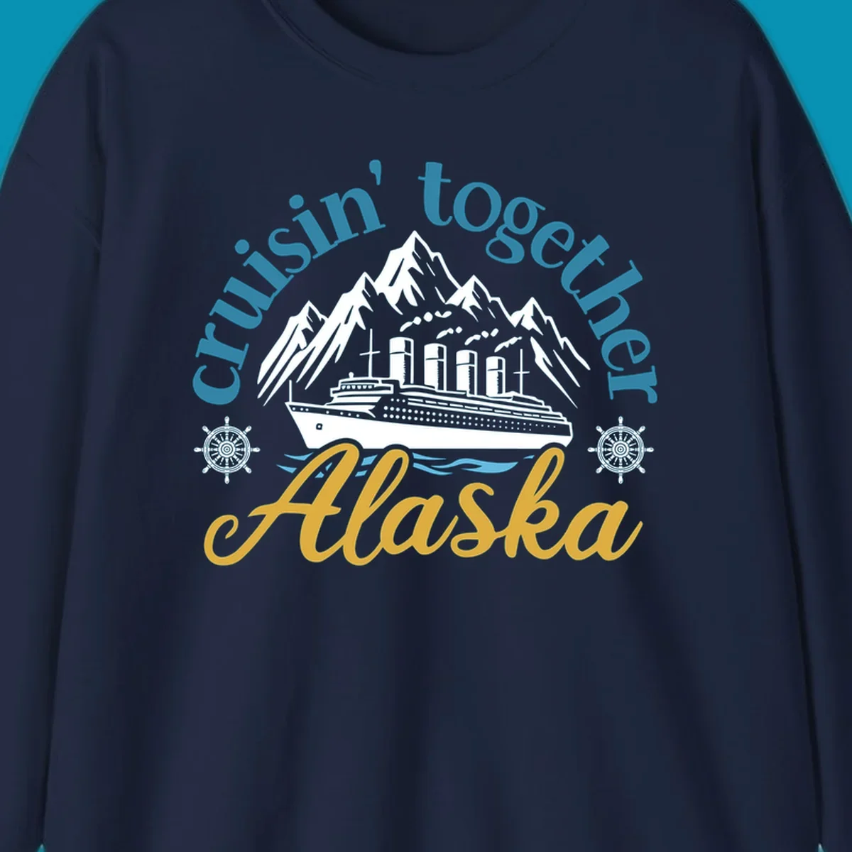 Typography design with cruisin-together-alaska-waves text and stylized blue ocean waves.