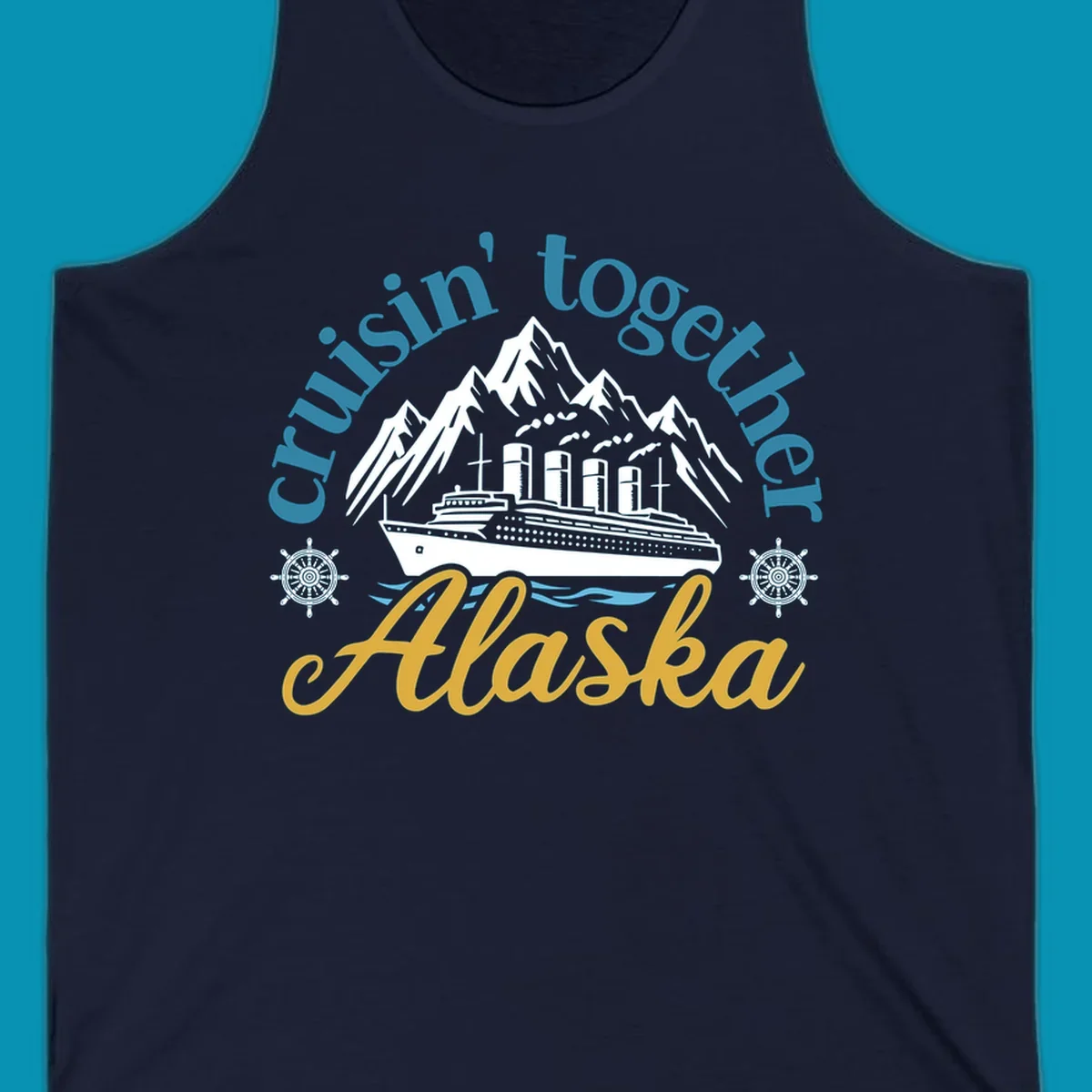Typography design with cruisin-together-alaska-waves text and stylized blue ocean waves.