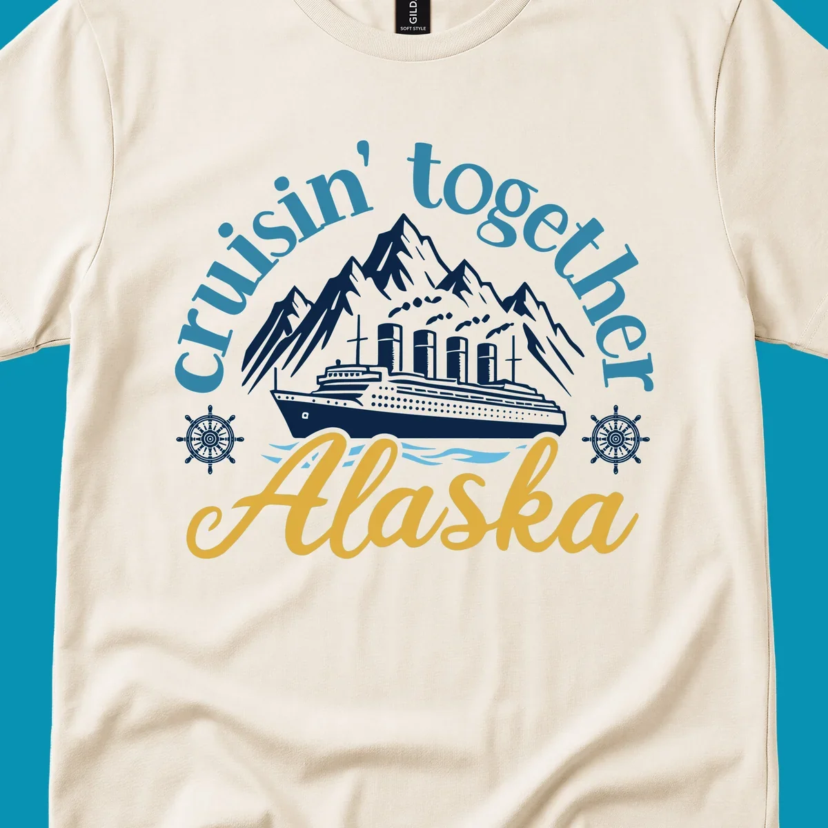 Typography design with cruisin-together-alaska-waves text and stylized blue ocean waves.