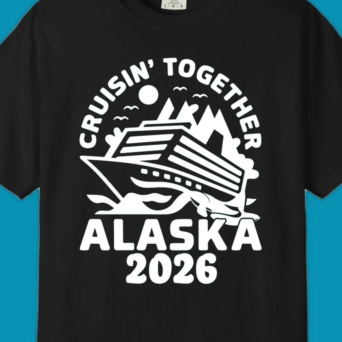 A white illustration of a cruise ship and mountains for the cruisin-together-mountain-ship concept.