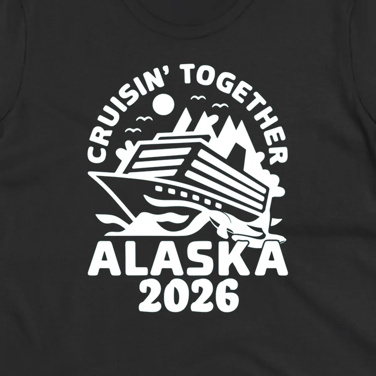 A white illustration of a cruise ship and mountains for the cruisin-together-mountain-ship concept.
